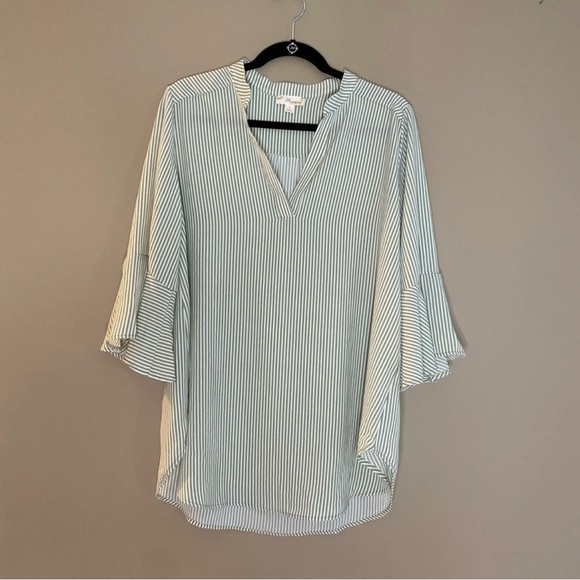 Misia Tops - Green and white striped 3/4 Sleeve Bell Tunic with Mandarin Collar